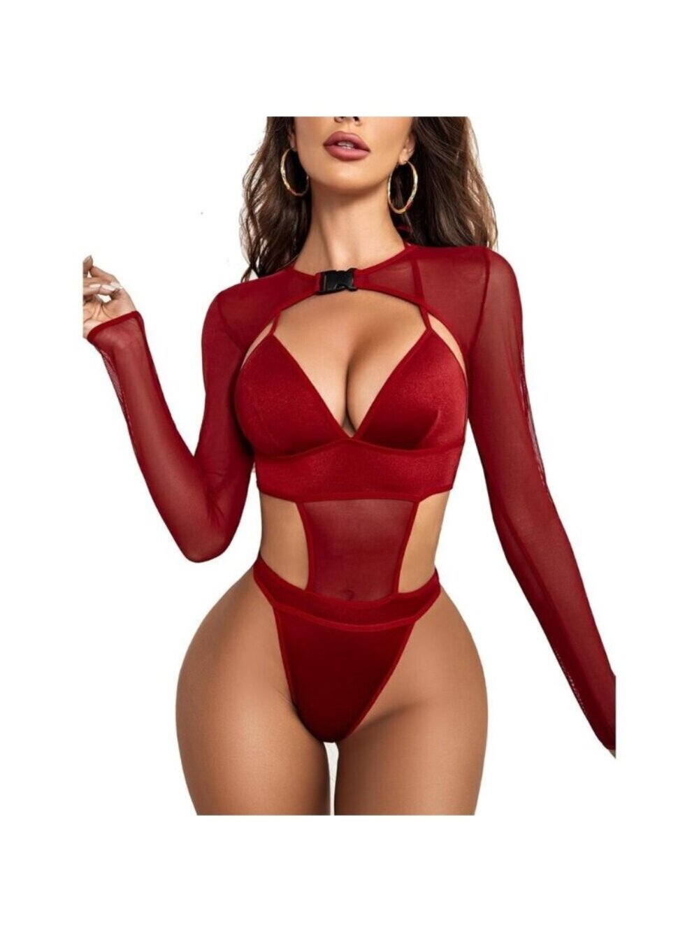 Women Hot Red Festival Sexy Lingerie Bodysuit Buckle Shrug Crop Top Set Outfits